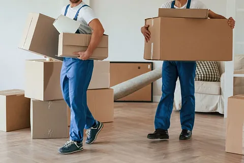 Bærer ut ting i flyttebokser